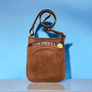 VTG Brahmin Crossbody Bag Brown Nubuck Suede Croc Trim Brass Y2K Swing Pack Boho